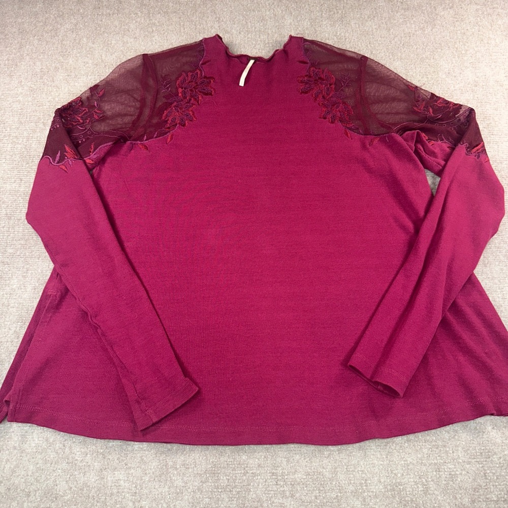 Free People Berry Pink Ribbed Knit Top Sheer Embroidered Mesh Shoulder Small